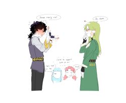  4girls agott_arklaum_(tongari_boushi_no_atelier) black_pants blue_eyes blue_hair blush box closed_eyes closed_mouth coco_(tongari_boushi_no_atelier) commentary dress ear_blush earrings english_commentary english_text flying_sweatdrops glasses green_dress green_hair hand_blush highres holding holding_box jewelry long_hair marriage_proposal multiple_girls open_mouth pants pink_hair purple_vest richeh_(tongari_boushi_no_atelier) ring_box scar scar_on_face shirt simple_background smile speech_bubble sweatdrop tetia_(tongari_boushi_no_atelier) tongari_boushi_no_atelier twintails vest white_background white_shirt youshie yuri 
