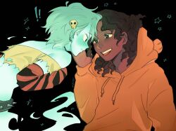  ! !! 1boy 1girl aqua_blush aqua_hair black_background blush brown_hair carrie_krueger curly_hair dark-skinned_male dark_skin darwin_watterson fish_hood ghost_girl ghost_tail gloves hair_ornament hand_on_another's_cheek hand_on_another's_face hetero highres hood hoodie orange_hoodie parted_bangs personification short_hair skull_hair_ornament spiked_belt star_(symbol) striped_clothes striped_gloves the_amazing_world_of_gumball weiqi 