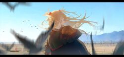  1girl bird commentary_request hairpods highres neon_genesis_evangelion orange_hair pigeon scenery solo solo_focus souryuu_asuka_langley yaclittn 