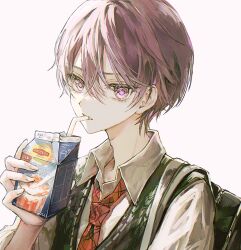  1boy drink_carton drinking drinking_straw hair_between_eyes highres holding holding_drink_carton koi_to_uso kumagai_yuka looking_at_viewer necktie nisaka_yuusuke pixie_cut purple_hair red_necktie short_hair sidelighting sweater_vest violet_eyes white_background 