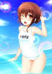  1girl brown_eyes brown_hair hair_ornament hairclip highres inazuma_(kantai_collection) kantai_collection one-piece_swimsuit open_mouth personification school_swimsuit short_hair smile solo stealthbird sunlight swimsuit water wet_swimsuit white_school_swimsuit white_swimsuit 