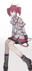  1girl ahoge black_boots boots buttons chest_strap closed_mouth collared_shirt commentary_request crossed_bangs double-breasted drill_hair frilled_skirt frills grey_eyes grey_shirt grey_skirt hair_between_eyes hair_ribbon highres kasane_teto kasane_teto_(sv) lace-up_boots layered_shirt light_smile long_sleeves nokoki_(motioko5) red_hair red_trim ribbon shirt short_hair simple_background sitting skirt smile solo split_mouth synthesizer_v twin_drills white_background white_ribbon 