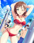  2boys 4girls armpits artist_request bandeau bikini black_hair blue_bikini breasts brown_hair cleavage closed_eyes earrings faceless faceless_male female freckles goggles goggles_on_head green_eyes idolmaster idolmaster_cinderella_girls jewelry kate_(idolmaster) long_hair male mukai_takumi multiple_boys multiple_girls navel necklace o-ring_bottom official_art palm_tree parted_lips pendant red_bikini short_hair swim_trunks swimsuit tree wink 