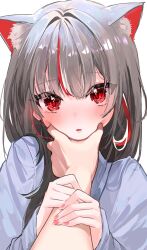  1girl 1other animal_ear_fluff animal_ears blue_shirt blush cat_ears cat_girl commentary fingernails grabbing_another's_chin grey_hair hair_intakes hand_on_another's_chin hands_on_another's_arm haro_(1026_86) highres long_hair long_sleeves multicolored_hair nail_polish neneko_mashiro out_of_frame parted_lips pink_nails pov red_eyes red_streaks shirt simple_background stellive straight_hair streaked_hair upper_body white_background white_streaks 