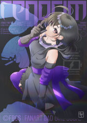  1girl antenna_hair arm_warmers black_hair boots character_name chi_root8root82 commentary copyright_name dress earrings elbow_gloves english_text eyelashes font_bad_girl_squad gloves grey_background grey_dress grey_gloves highres jewelry medium_hair pink_eyes purple_arm_warmers purple_boots purple_sash renorim_(fbgs) sash solo thigh_boots twintails twitter_username untranslatable_commentary watermark 