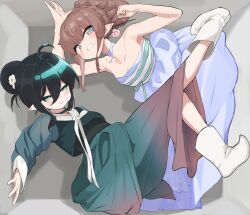  2girls against_wall ahoge bare_shoulders bent_over black_hair blue_dress blush brown_hair ceiling choker commentary_request dress elena_(trickcal) flower gradient_clothes gradient_skirt green_highlights hair_bun hair_flower hair_ornament highres korean_clothes korean_commentary legs_up long_skirt long_sleeves looking_at_another multiple_girls mute_(trickcal) neckerchief pointy_ears ribbon shoes sibeoji skirt sleeveless sweatdrop teeth trickcal white_neckerchief white_ribbon white_shoes 