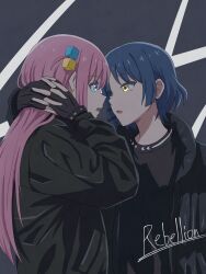  2girls black_background black_gloves black_jacket black_shirt blue_eyes blue_hair bocchi_the_rock! cube_hair_ornament fingerless_gloves from_side gloves gotoh_hitori hair_ornament highres hood hood_down interlocked_fingers jacket long_hair long_sleeves looking_at_another mole mole_under_eye multiple_girls open_mouth own_hands_together profile shirt short_hair side_ahoge sidelocks upper_body yamada_ryo yellow_eyes zystooonesuper 