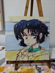  1girl absurdres acrylic_paint_(medium) art_tools_in_frame black_eyes black_hair closed_mouth dot_mouth english_commentary highres littletempestt painting_(medium) photo_(medium) portrait ranma_1/2 short_hair solo sweater tendou_akane traditional_media v-shaped_eyebrows yellow_sweater 