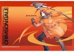  1boy character_name coat copyright_name eiyuu_densetsu enami_katsumi falcom fingerless_gloves gloves green_eyes hair_over_one_eye long_hair looking_back male official_art orange_background pants ponytail randy_orlando redhead smile solo staff zero_no_kiseki 