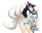  1girl ahri animal_ears black_hair breasts cleavage dakun fox_ears fox_tail hat large_breasts league_of_legends long_hair microphone multiple_tails simple_background solo tail very_long_hair white_background 