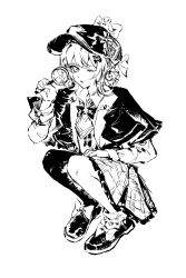  1girl bow braid braided_hair_rings capelet chinese_commentary commentary_request deerstalker detective full_body greyscale hair_bow hair_rings hand_up hat highres holding holding_magnifying_glass kuma4193 long_sleeves magnifying_glass mahou_shoujo_no_majo_saiban monochrome necktie one_eye_closed pleated_skirt shirt shoes short_hair skirt solo squatting tachibana_sherry white_background 