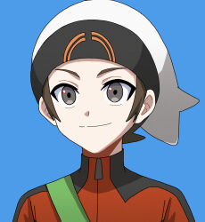  1boy absurdres beanie blue_background brendan_(pokemon) brown_hair closed_mouth commentary_request grey_eyes hat highres male_focus nemusugi_1119 pokemon pokemon_omega_ruby_and_alpha_sapphire shirt short_hair simple_background smile solo split_mouth strap upper_body white_hat zipper_pull_tab 