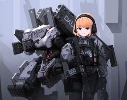  1girl absurdres ammunition_pouch assault_rifle blood_type bulletproof_vest commentary cqcnorthfish gun headphones highres looking_at_viewer mecha mechanical_legs military_patch missile_pod original pouch rifle robot smile tactical_clothes tactical_gloves weapon 