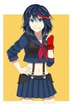  1girl blue_eyes highres kill_la_kill lolitaii matoi_ryuuko multicolored_hair school_uniform senketsu serafuku skirt smile suspenders two-tone_hair 