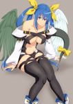 1girl bare_shoulders black_legwear blue_hair breasts dizzy grey_background guilty_gear long_hair looking_at_viewer namakemono_(u446644k) navel red_eyes simple_background skindentation smile solo tail tail_ribbon thighhighs thighs twintails wings