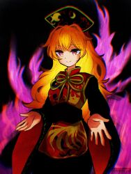  1girl black_background black_dress black_sash blonde_hair crescent dalachi_(headdress) dress energy highres junko_(touhou) noshi495 open_hands red_eyes red_tabard sash solo tabard touhou watermark 