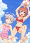  2girls ball beachball bikini blue_eyes botan_m casual_one-piece_swimsuit double_bun grey_hair koshigaya_natsumi miyauchi_renge multiple_girls non_non_biyori one-piece_swimsuit red_eyes redhead short_hair swimsuit triangle_mouth 