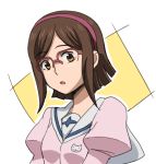  1girl brown_eyes brown_hair glasses gundam gundam_build_fighters hair_ornament hairband kousaka_china looking_at_viewer open_mouth red-framed_glasses saion school_uniform short_hair simple_background sketch solo 