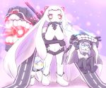  3girls airfield_hime blue_eyes cape gloves glowing glowing_eyes highres kantai_collection long_hair monster multiple_girls open_mouth pale_skin personification shinkaisei-kan short_hair silver_hair slide solo suizennji ta-class_battleship wo-class_aircraft_carrier yellow_eyes 