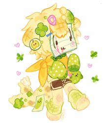 1boy :3 animal_ears blonde_hair chibi clover colored_skin dog_boy dog_ears fins fish_boy fish_tail four-leaf_clover full_body green_leg_warmers green_sleeves heart heisei_retro highres leg_warmers male_focus original polka_dot polka_dot_sleeves qxtten scarf short_hair simple_background sleeves_past_fingers sleeves_past_wrists tail thick_eyebrows whipped_cream white_background yellow_scarf yellow_skin 