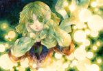  1girl arm_support blonde_hair danmaku green_eyes hands_on_own_face mabiko scarf solo touhou traditional_media watercolor_(medium) 