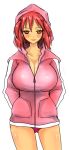  1girl alternate_costume blush breasts buruma cleavage collarbone hair_bobbles hair_ornament han_(jackpot) hands_in_pockets hooded_track_jacket large_breasts lips naughty_face no_shirt onozuka_komachi pink_clothes red_eyes redhead simple_background smile solo thighs touhou white_background zipper 