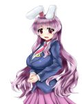  1girl animal_ears blazer breasts hands_clasped long_hair necktie open_mouth pleated_skirt purple_hair rabbit_ears red_eyes reisen_udongein_inaba shirt skirt solo touhou toumeikousokudouro very_long_hair 