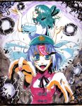  2girls blue_eyes blue_hair danmaku dress hair_ornament hair_rings hair_stick hat jiangshi kaku_seiga looking_at_viewer looking_back miyako_yoshika multiple_girls ofuda open_mouth outstretched_arms shawl short_hair skirt smile touhou traditional_media tsukishiro50 vest zombie_pose 