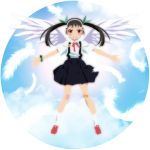  1girl black_hair hachikuji_mayoi hairband long_hair monogatari_(series) onimonogatari outstretched_arms red_eyes spread_arms tears twintails wanco wings 