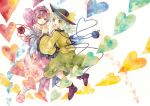  bow green_eyes green_hair hairband hand_on_hip hat hat_bow heart komeiji_koishi komeiji_satori mabiko pink_eyes siblings sisters third_eye touhou traditional_media watercolor_(medium) wide_sleeves 