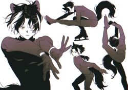  1boy alternate_costume alternate_hairstyle animal_ears black_gloves black_hair black_pants black_shirt black_shoes commentary_request curtained_hair dynamic_pose feet_out_of_frame figure_skating full_body gloves highres holostars ice_skates ice_skating jackal_boy jackal_ears jackal_tail kageyama_shien leg_up limited_palette male_focus momiage_40 multicolored_hair multiple_views outstretched_arms outstretched_leg pants parted_bangs parted_lips shirt shoes short_hair sideways_glance simple_background skates skating split squatting standing standing_on_one_leg standing_split turtleneck turtleneck_shirt two-tone_hair upper_body virtual_youtuber white_background white_hair yellow_eyes 