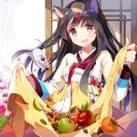  1girl acorn animal_ears apple black_hair blush cat_ears food fruit gate_of_dimension gilse hair_ornament hanbok leaf long_hair looking_at_viewer persimmon rat smile solo violet_eyes 