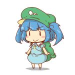  1girl backpack bag blue_hair blush blush_stickers boots chibi hat kawashiro_nitori pocket rubber_boots short_hair short_sleeves short_twintails simple_background skirt skirt_set smile solo touhou twintails 