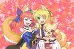  3girls animal_ears annoyed bangs bare_shoulders blonde_hair blush breast_envy breast_press breasts caster_(fate/extra) cleavage crossover dog_days fan fate/extra fate_(series) fingerless_gloves fox_ears fox_tail gianvalgian gloves green_eyes hair_ornament hair_ribbon hand_on_another&#039;s_head hand_on_another&#039;s_shoulder hand_on_own_belly hands_on_another&#039;s_chest highres holding japanese_clothes jpeg_artifacts kimono kitsune leaf mon-musu_quest! multiple_girls payot redhead ribbon short_twintails tail tamamo_(mon-musu_quest!) tattoo teeth tongue twintails wink yukikaze_panettone 