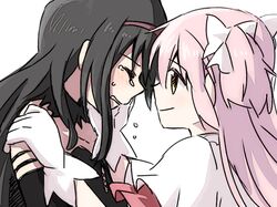  2girls akemi_homura akuma_homura black_hair bow closed_eyes crying dress earth elbow_gloves gloves goddess_madoka hair_bow hair_ribbon iwashi_(ankh) kaname_madoka long_hair mahou_shoujo_madoka_magica mahou_shoujo_madoka_magica_movie multiple_girls pink_hair ribbon smile spoilers tears twintails two_side_up yellow_eyes 