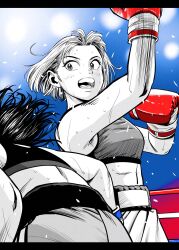  2girls blue_gloves boxing boxing_gloves boxing_ring boxing_shorts breasts commentary_request flying_sweatdrops gloves gradient_background hatching_(texture) highres lee_(dragon_garou) letterboxed linea_alba linear_hatching medium_breasts midriff motion_lines mouth_guard multiple_girls original partially_colored red_gloves short_hair shorts sports_bra sweat uppercut 