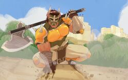  1boy armor brown_hair commentary commission english_commentary fire_emblem fire_emblem:_new_mystery_of_the_emblem highres holding holding_weapon horned_mask legion_(fire_emblem) looking_at_viewer male_focus mask outdoors over_shoulder pauldrons shoulder_armor skullycandy solo spiked_pauldrons spikes weapon weapon_over_shoulder 