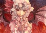  1girl bat_wings bow hat hat_bow mabiko red_eyes remilia_scarlet silver_hair solo touhou traditional_media watercolor_(medium) wings 