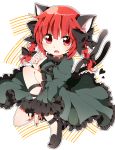  1girl animal_ears bow braid cat_ears cat_tail dress fang green_dress hair_bow hair_ribbon heart highres juliet_sleeves kaenbyou_rin kyapinetzu leg_ribbon long_sleeves looking_at_viewer multiple_tails open_mouth pink_eyes puffy_sleeves red_eyes red_nails redhead ribbon solo tail touhou twin_braids 