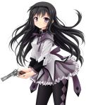  akemi_homura black_hair blush bow colored gun hairband highres long_hair mahou_shoujo_madoka_magica mizuki_yuuma nightmare77zx pantyhose pistol skirt violet_eyes weapon 