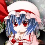 1girl ascot bat_wings blouse blue_hair blush bow collared_shirt derivative_work facing_viewer frilled_hat frilled_shirt hand_on_own_face hat hat_bow hat_ribbon index_finger_raised looking_at_viewer mob_cap nayutaro portrait puffy_sleeves red_eyes remilia_scarlet ribbon smile solo stained_glass touhou wings wrist_cuffs 
