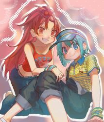  2girls 58nikomi blue_eyes blue_hair blush commentary_request hair_ornament highres kneeling long_hair mahou_shoujo_madoka_magica miki_sayaka multiple_girls on_floor ponytail red_eyes red_hair sakura_kyoko short_hair sitting smile visor_cap 