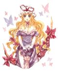  1girl bare_shoulders blonde_hair bow butterfly gap hair_bow hat hat_ribbon long_hair mabiko parasol ribbon ribbon_choker solo thighhighs touhou traditional_media umbrella very_long_hair violet_eyes watercolor_(medium) yakumo_yukari 