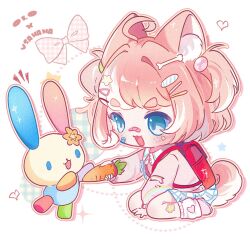  1girl :3 ahoge animal_ear_fluff animal_ears backpack bag bandaid bandaid_on_cheek bandaid_on_face bandaid_on_nose blue_skirt bone_hair_ornament brown_hair carrot character_name chibi chibi_only collared_shirt commentary commission dog_ears dog_girl dog_tail film_grain flower freckles hair_intakes hair_ornament hairclip heart highres holding holding_carrot long_sleeves medium_hair mikoku39786 multicolored_hair open_mouth orange_flower original pink_shoes pink_sweater rainbow_print red_bag second-party_source shirt shoes sitting skirt smile socks star_(symbol) star_hair_ornament star_sticker sticker sticker_on_face sweater tail two-tone_hair two-tone_skirt two_side_up usahana white_hair white_shirt white_skirt white_socks 