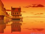  aria artist_request building city clouds dawn no_humans orange_sky reflection scenery water weather_vane 