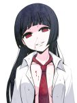  1girl black_hair blood blood_on_face blood_stain breasts cleavage empty_eyes grin long_hair looking_at_viewer necktie nosebleed open_clothes open_shirt original red_eyes smile solo torigoe_takumi 