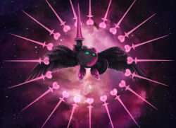  absurdres broken_mask commentary_request energy_spear galacta_knight green_eyes heart highres holding holding_shield horns kirby_(series) lance looking_at_viewer mask no_humans polearm shield solo star_(sky) stormbird221 super_kirby_clash tears weapon wings 