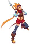 1girl backpack bag black_legwear boots crop_top cryamore cryamore_condenser doughnut esmyrelda_maximus food_in_mouth freckles gloves goggles goggles_on_head long_hair midriff mouth_hold navel official_art orange_eyes orange_hair payot polearm robert_porter running shorts solo spear spiky_hair suspenders thighhighs very_long_hair weapon white_background 