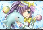  1girl bow dolphin green_eyes hat luka_(p&amp;d) natarycandy purple_hair puzzle_&amp;_dragons top_hat 
