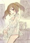  blush bookshelf brown_eyes brown_hair fang figure hair_ornament hairclip hanekoto naked_shirt original poster_(object) sketch star_hair_ornament twintails wall_scroll 